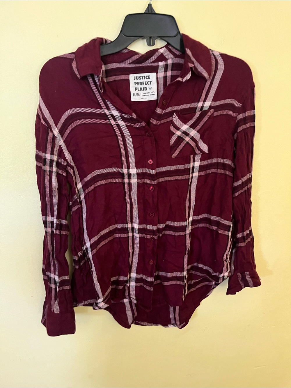 Justice Maroon and Light Pink Plaid Button-Down Shirt
